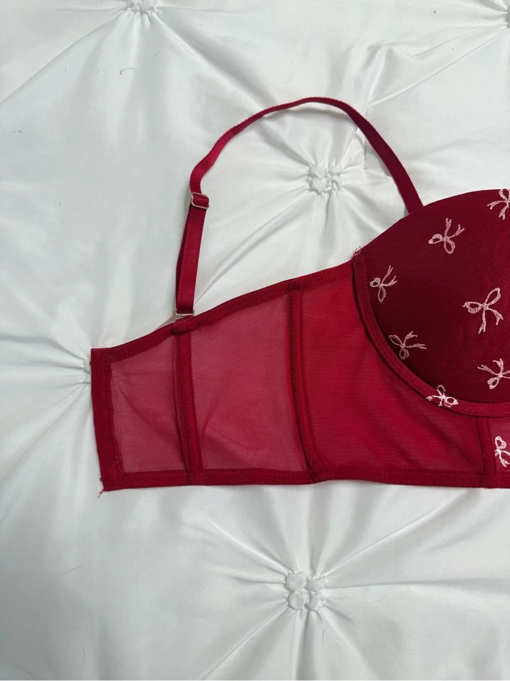 Jessica Simpson Red Longline Strapless Bra with White Bow Embroidery Accents